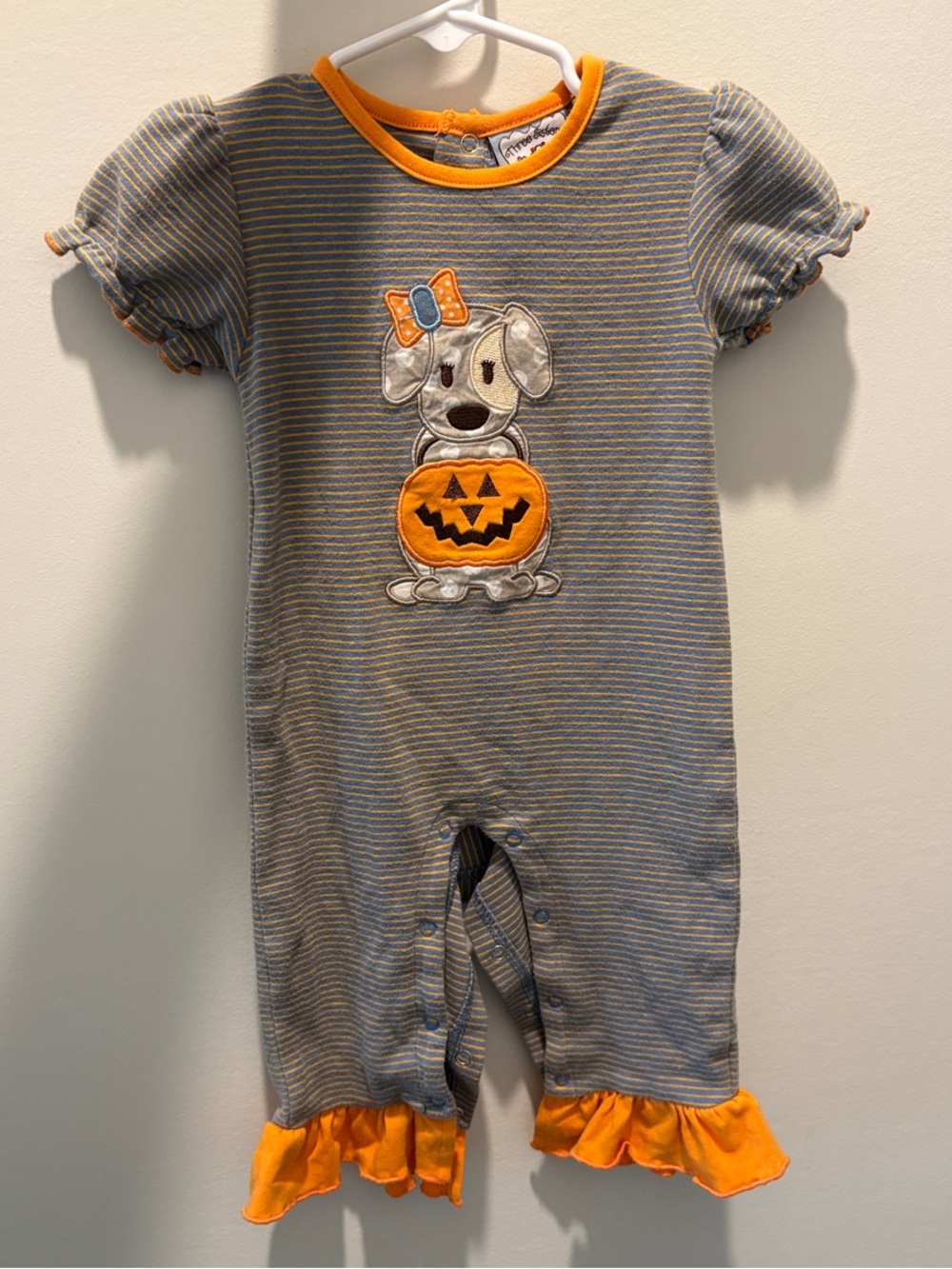 Striped Pumpkin Puppy Halloween Baby One-Piece Romper - Gray & Orange